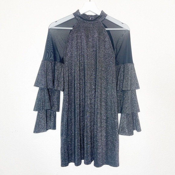 BCBGeneration Tiered Sleeve Mesh Panel Black Metallic Sparkle Dress XS NWT - Picture 2 of 11